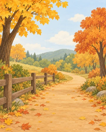 단풍나무와 울타리 사이로 이어지는 가을 숲길 소개용 그림